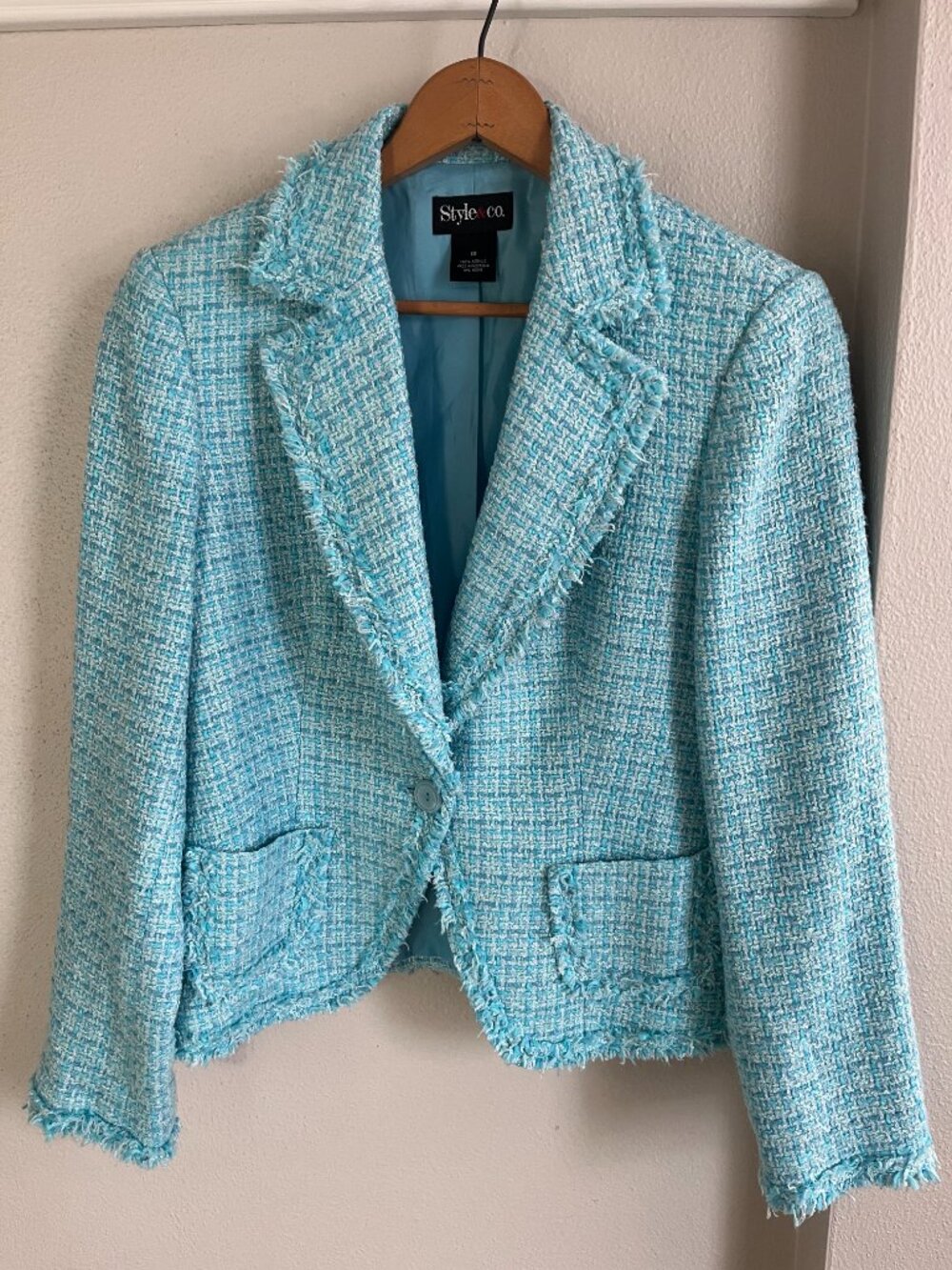 Style & Co Fringe Tweed Blazer in Light Blue